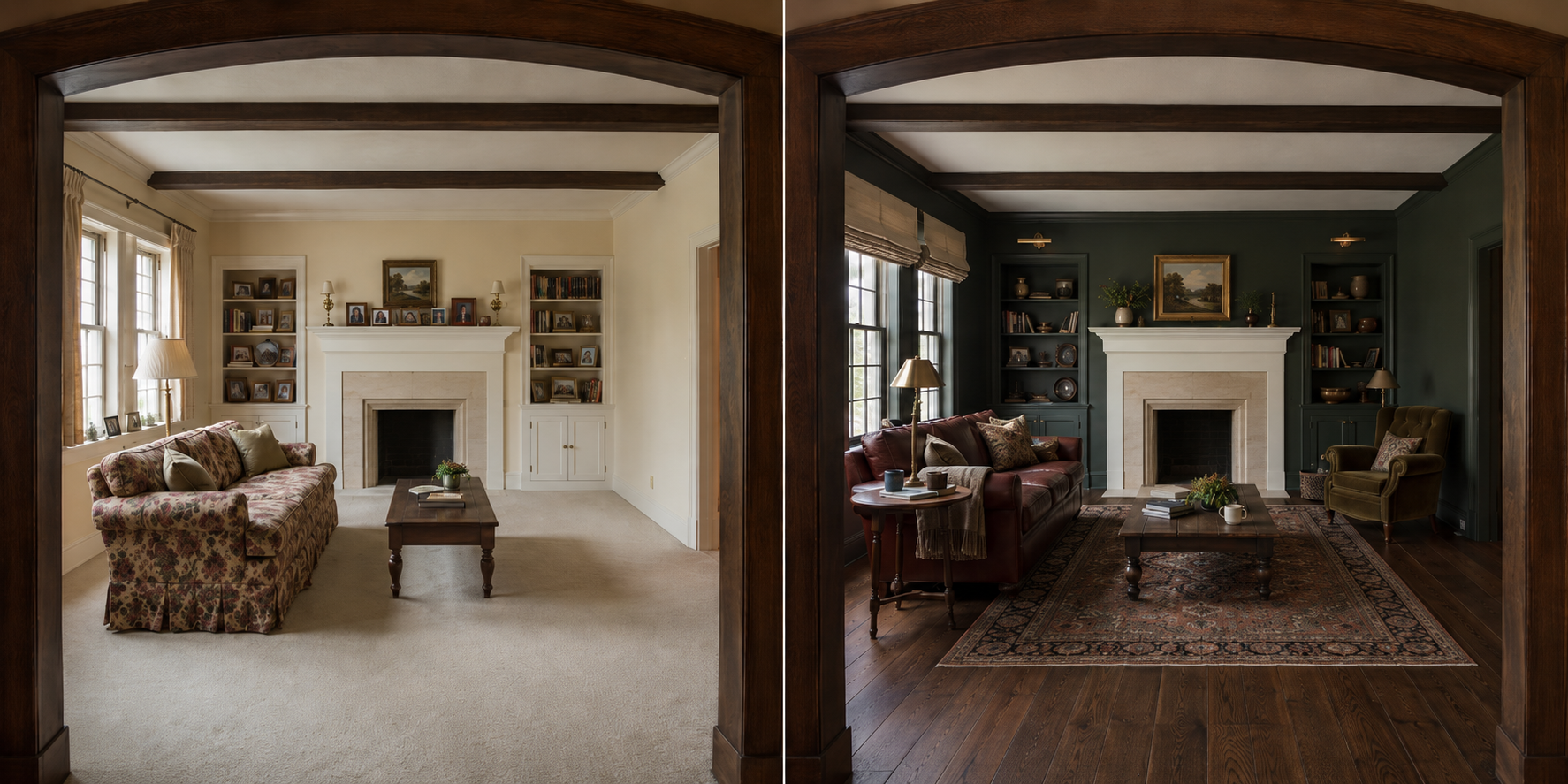 1. Moody English Country Living Room — Beige Carpet to Dark Oak Hardwood