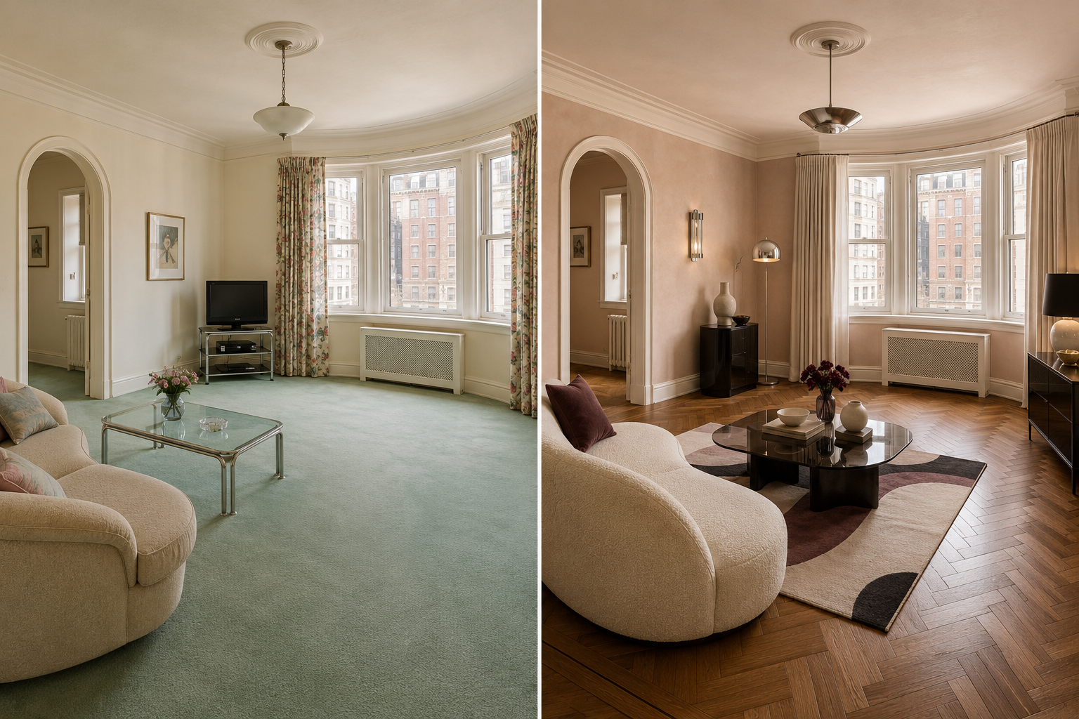 10. Soft Art Deco Sitting Room — Mint Carpet to Herringbone Hardwood
