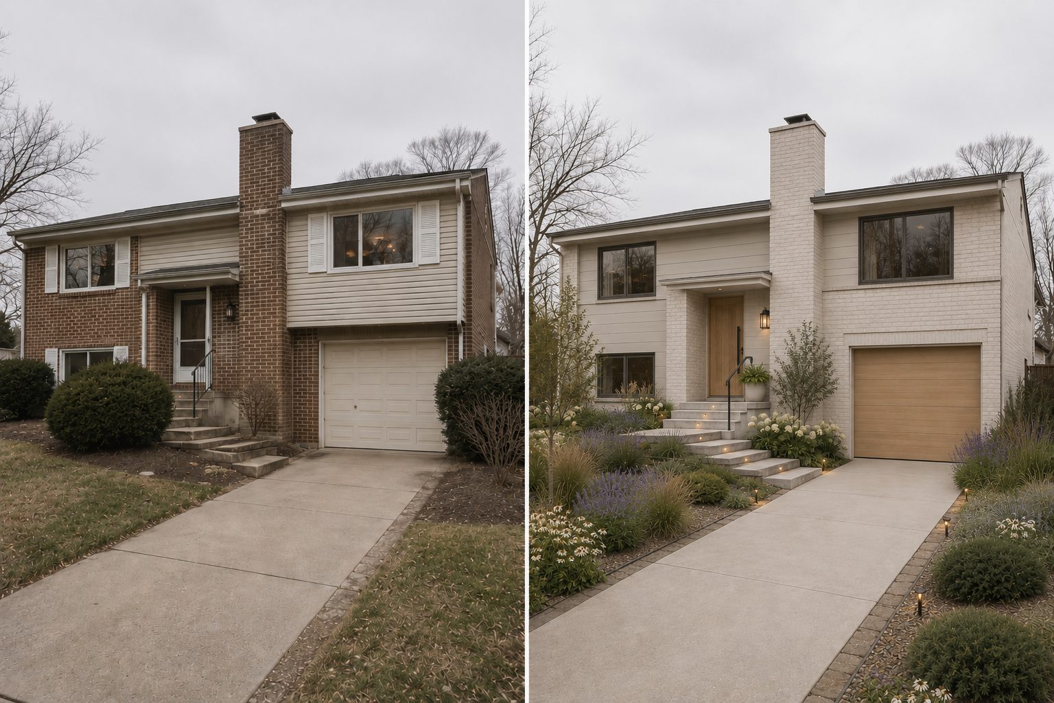 13 — Mid-Century Split-Level Exterior _ Soft Monochrome Belgian Modern Renovation