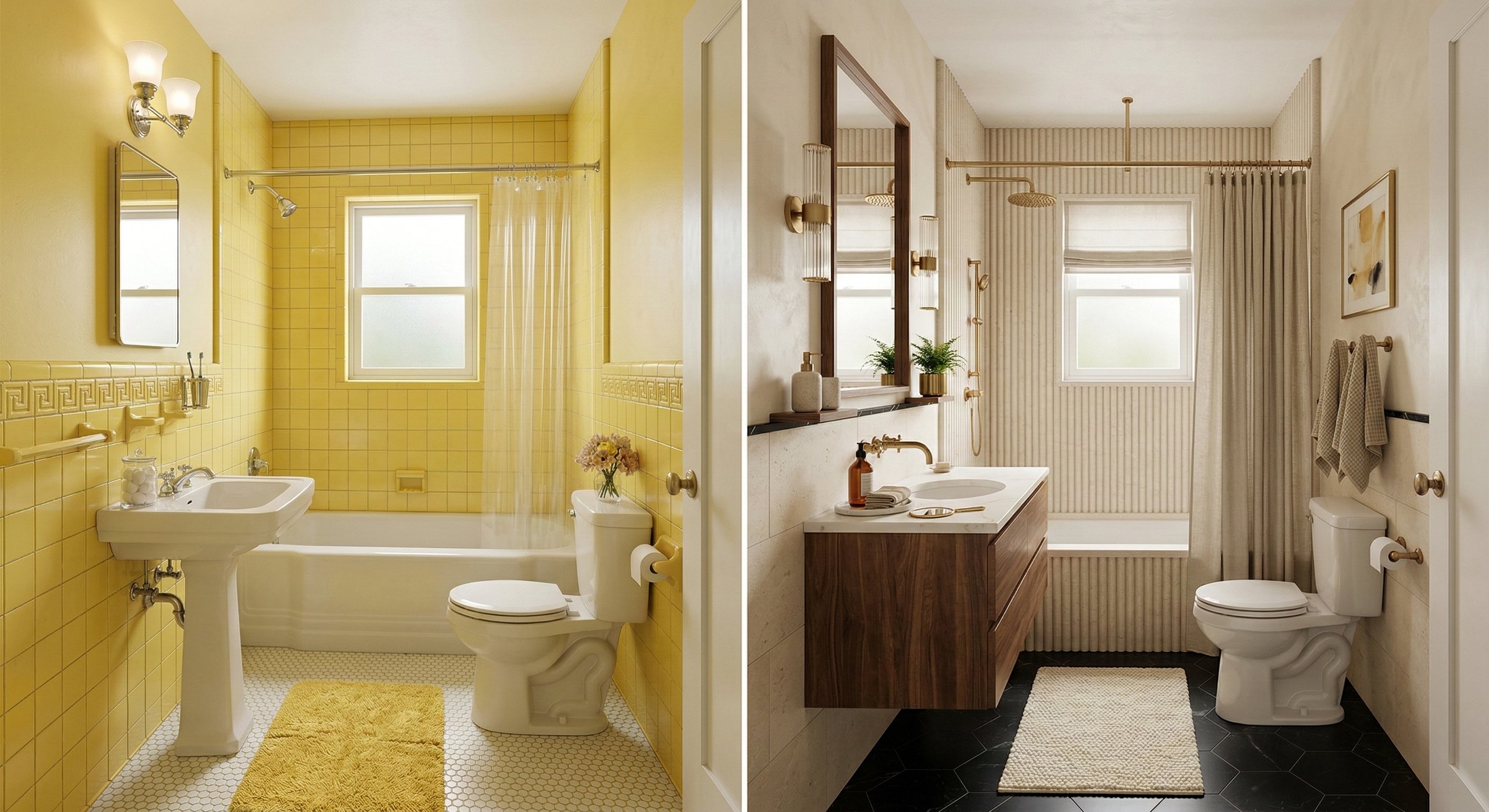 Yellow tile bathroom updated with neutral tones and walnut.