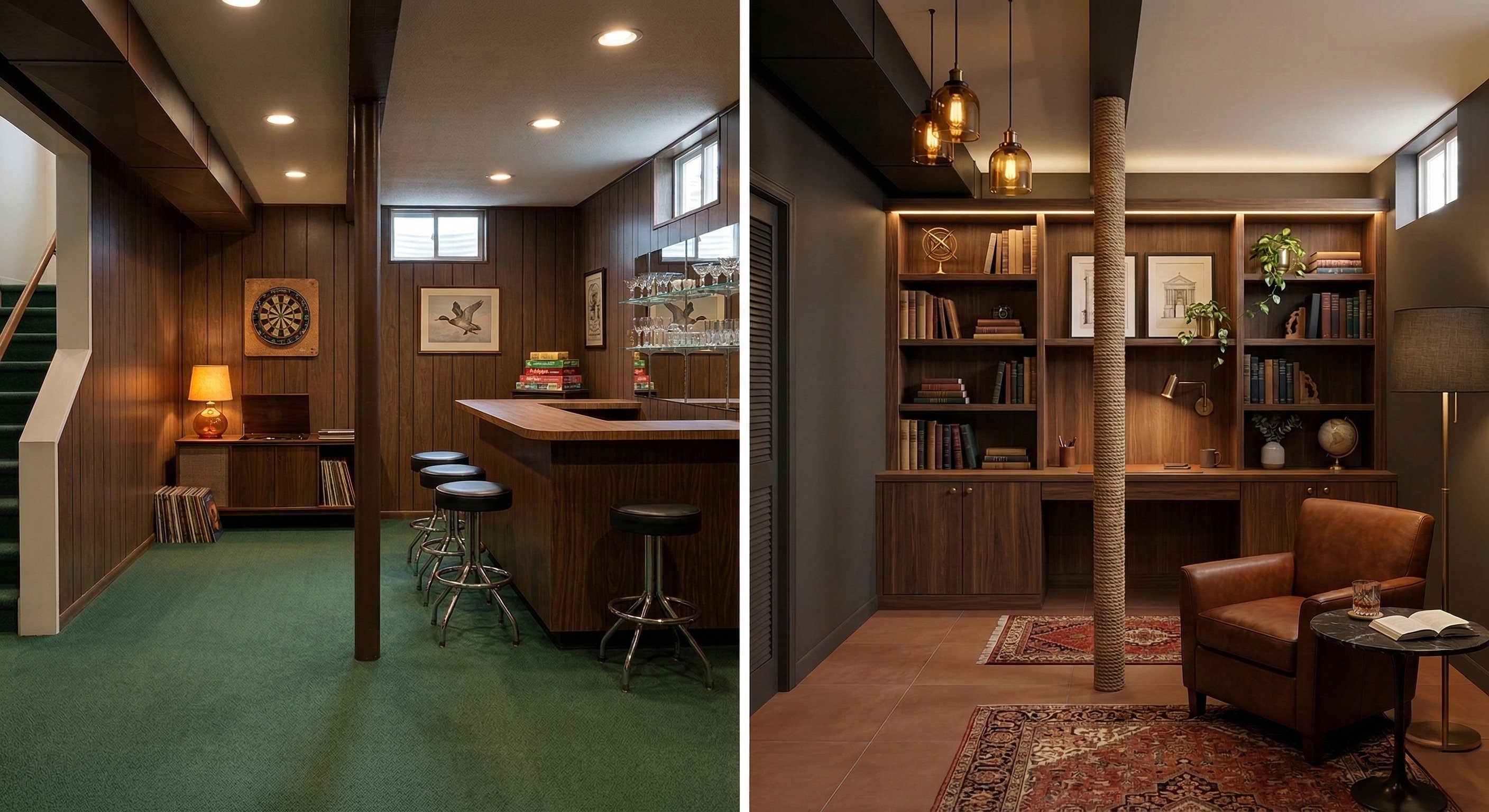 Dated rec room with green carpet transformed into a refined study.