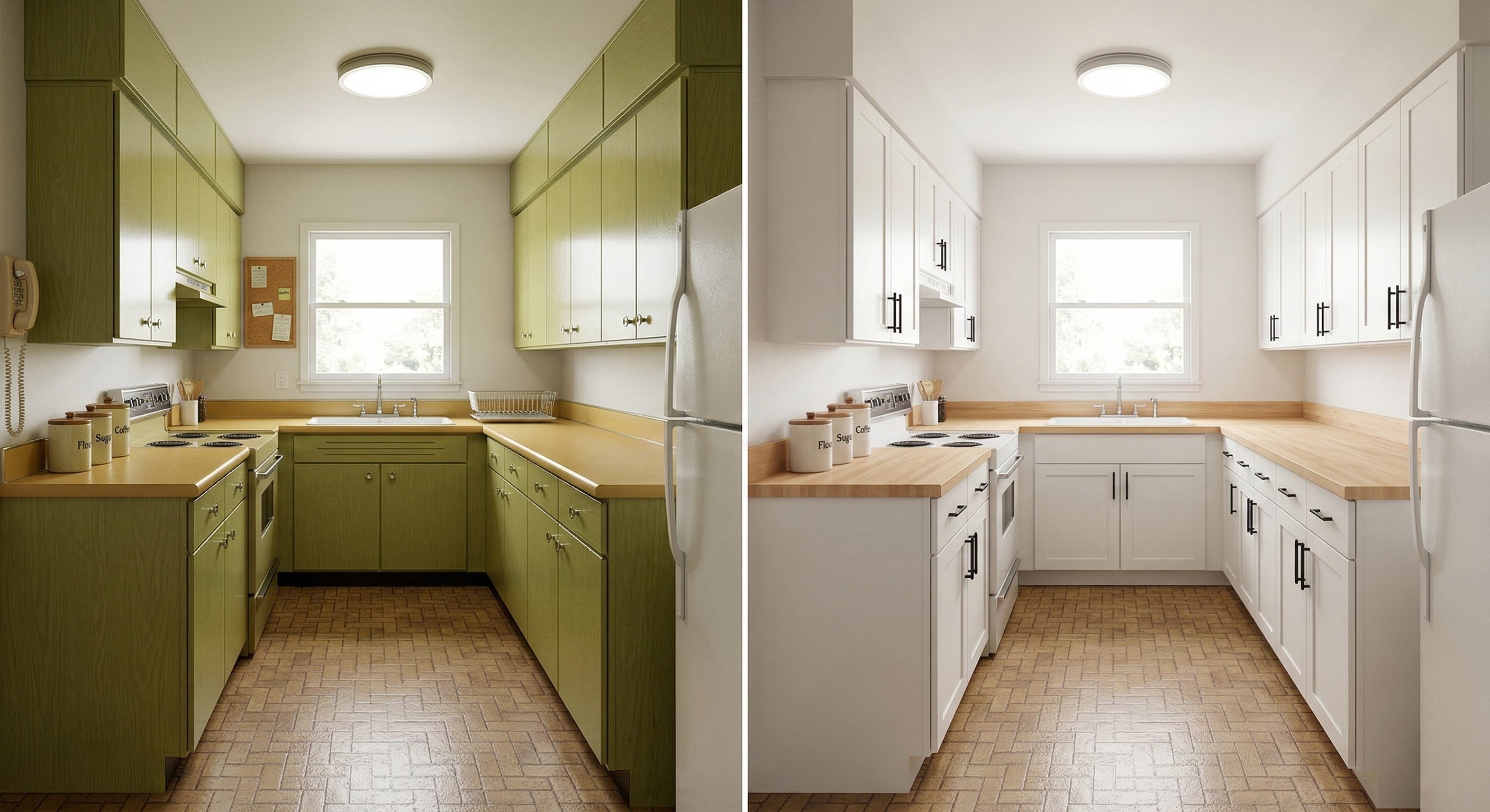 Olive green cabinets refreshed with white shaker cabinetry.