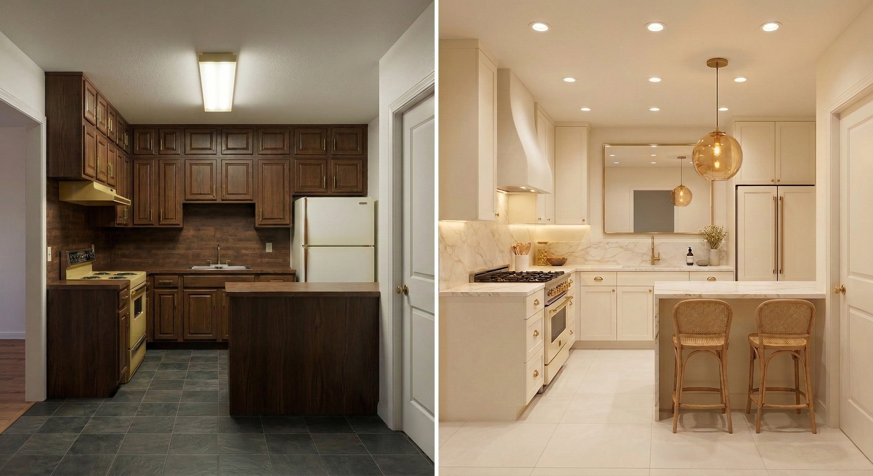 Before: Dark walnut raised-panel cabinets stacked to the ceiling, a single boxy fluorescent ceiling fixture, yellow appliances including a freestanding range, dark slate floor tiles, and a small peninsula with no seating. After: Warm ivory shaker cabinets, a full-height marble slab backsplash, a sleek custom range hood, recessed ceiling lights, a large amber globe pendant over the peninsula, rattan counter stools, and large white floor tiles.