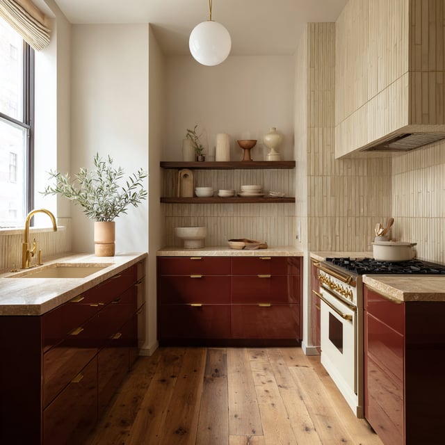 Warm modern kitchen with red cabinets and cream tile accents.