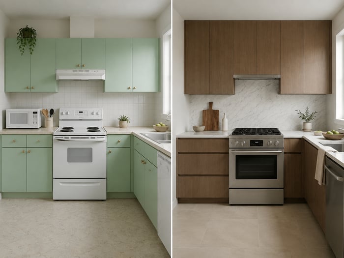 1980s Kitchen Before-After Mint to Wood