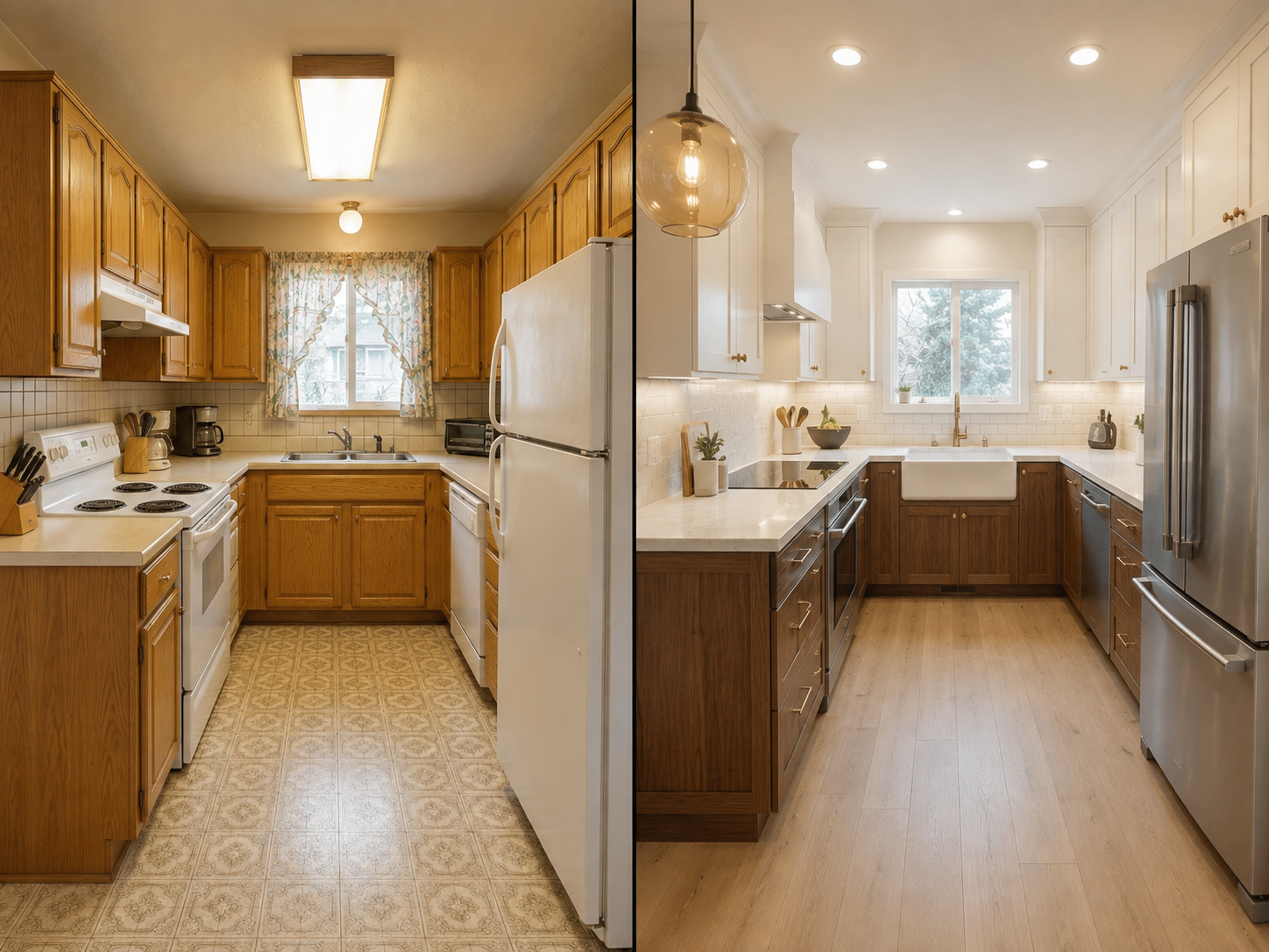 1980s Kitchen Before-After Red Oak