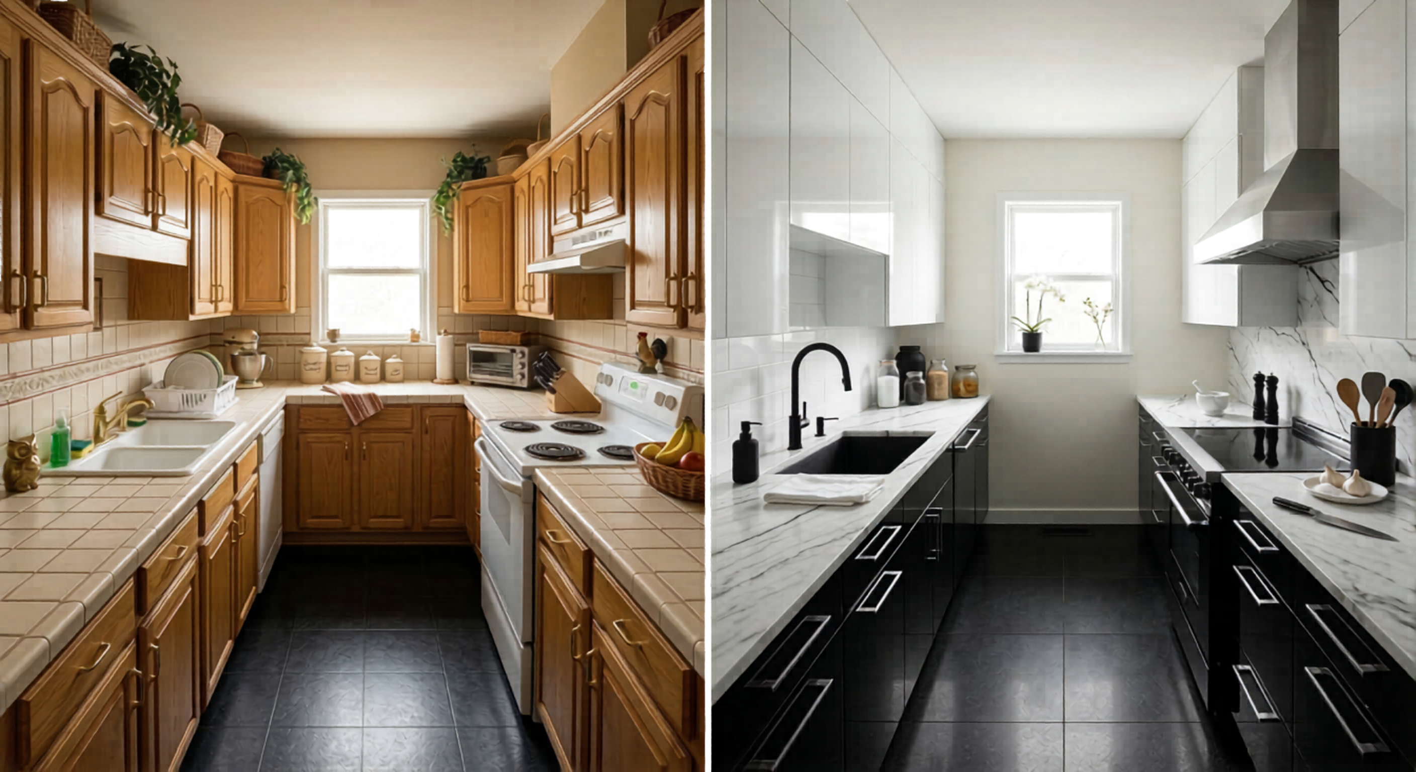 [IMAGE: BEFORE: U-shaped oak kitchen with tile countertops in cream grid, coil-burner electric range, cream backsplash with horizontal border strip, standard drop-in sink, and a small ceramic owl on the counter. AFTER: Same footprint, completely transformed. High-gloss black flat-front cabinets from counter height to ceiling on all three walls. Large-format black floor tile with subtle sheen. White marble slab counters and full-height backsplash. Black undermount sink and matte black faucet. Stainless range hood above cook zone.]