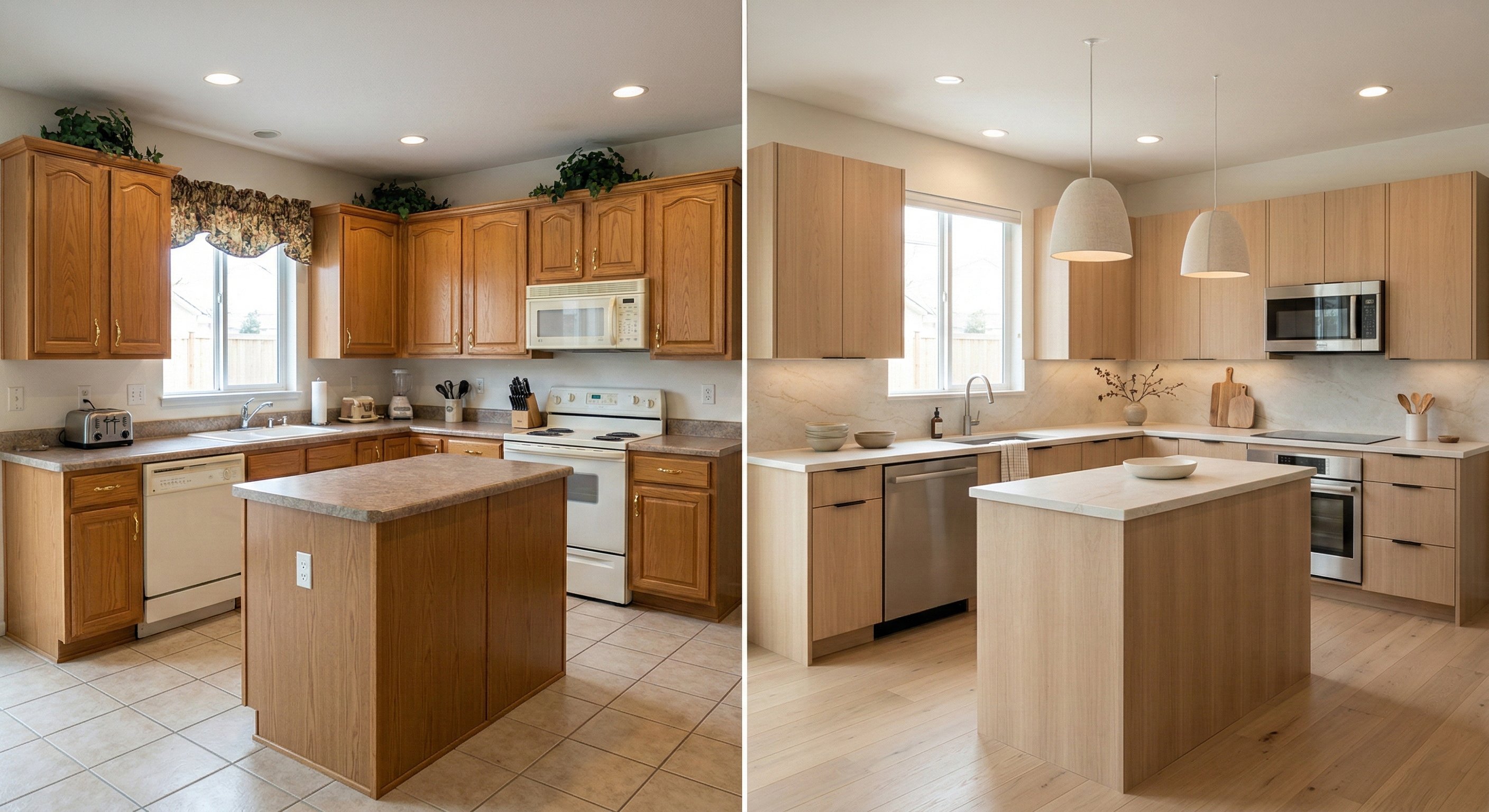 Oak kitchen to light wood slab doors with ceramic pendants.