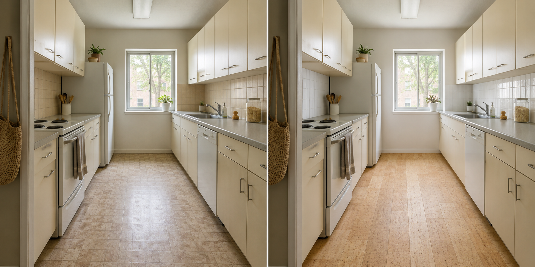2. Bright Scandinavian Apartment Kitchen — New Flooring + New Backsplash