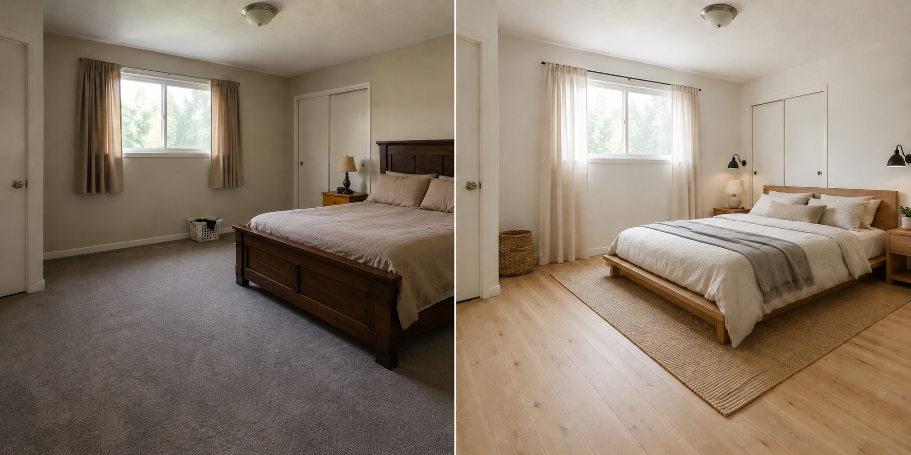 2. Bright Scandinavian Primary Bedroom — Gray Carpet to Pale White Oak