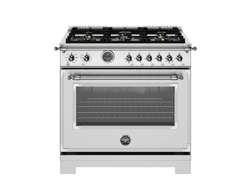 Italian Bertazzoni Heritage gas range in silver finish.