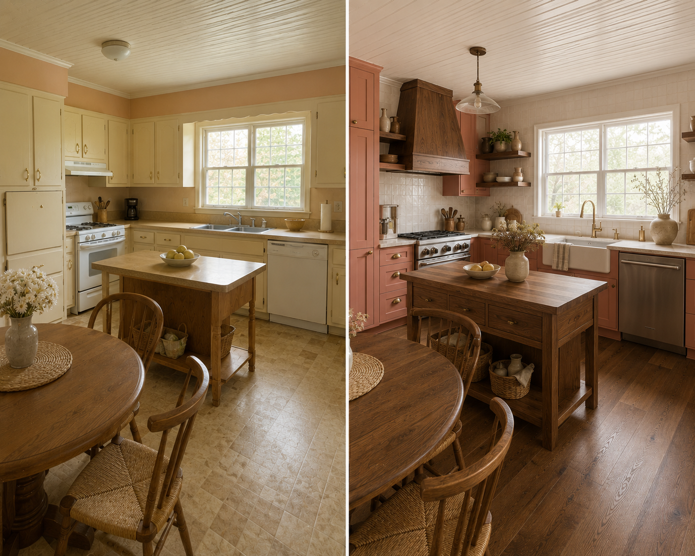 25 — Dusty Coral and Walnut Modern Farmhouse Kitchen