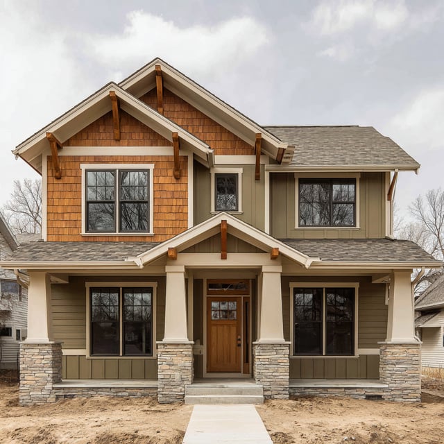 A two-story house with a mixed exterior of olive green siding, cedar shingles, and stone accents, featuring a covered front porch and brown wooden front door.