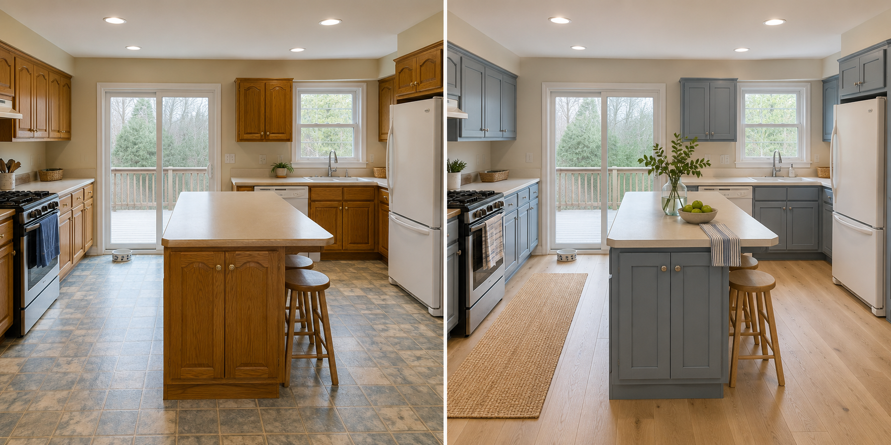 4. Coastal Cape Cod Kitchen — New Floors + Refaced Cabinet Doors