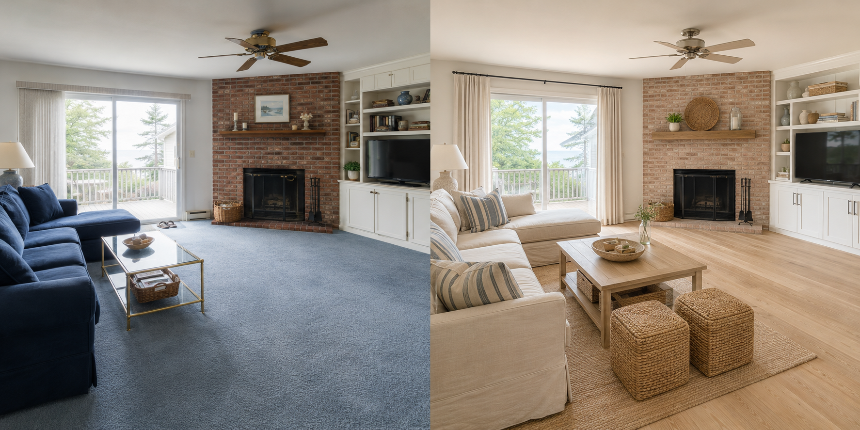 4. Coastal Family Room — Blue Carpet to Blonde Hardwood