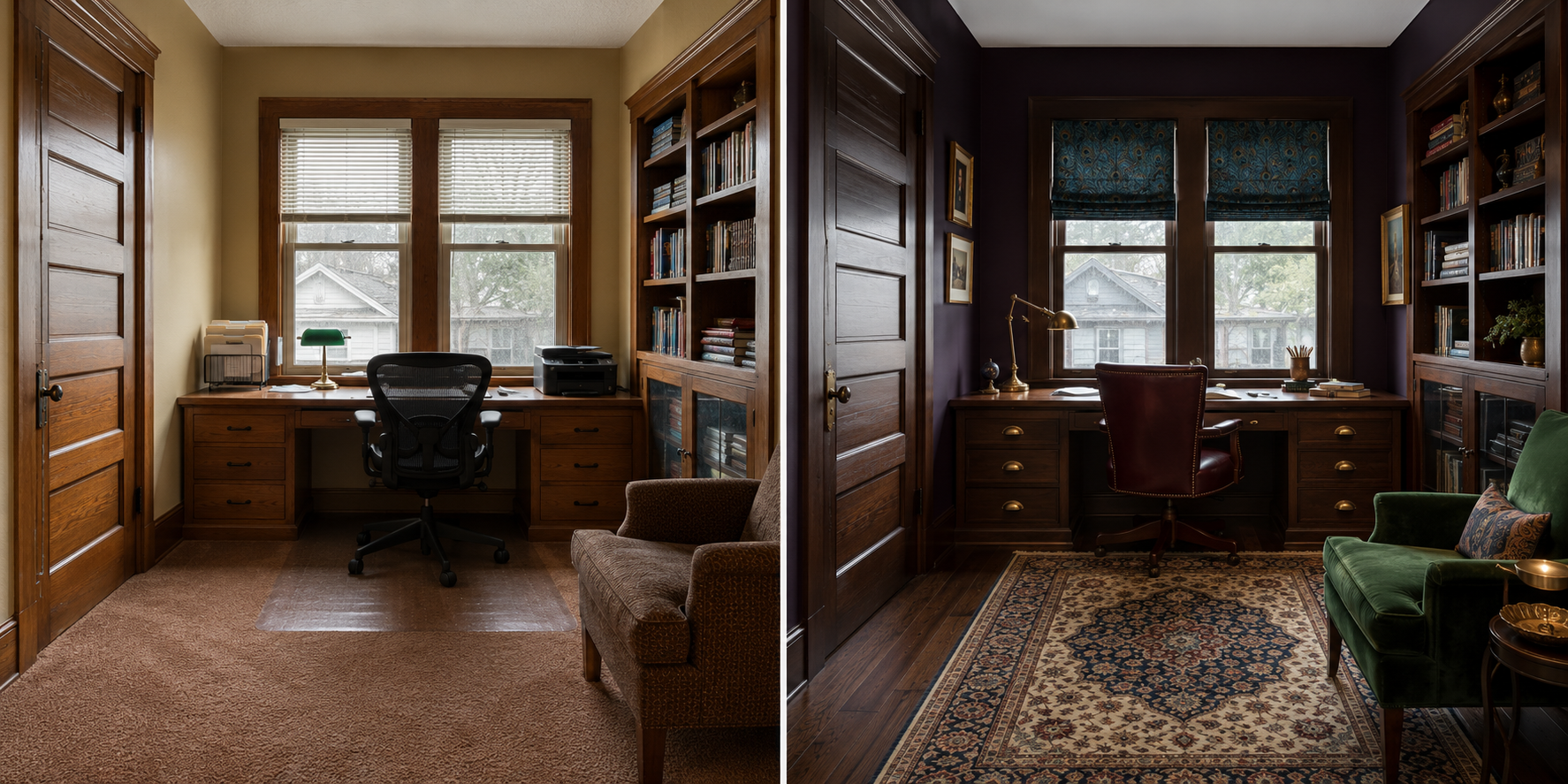 5. Jewel-Toned Maximalist Home Office — Brown Carpet to Walnut Hardwood