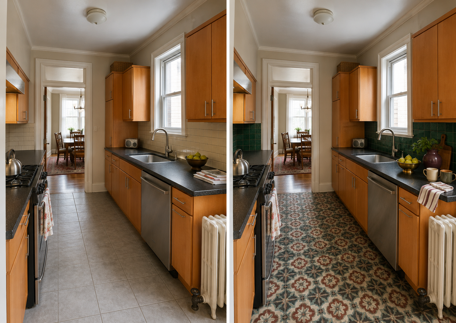 5. Jewel-Toned Maximalist Rowhouse Kitchen — New Backsplash + New Floors