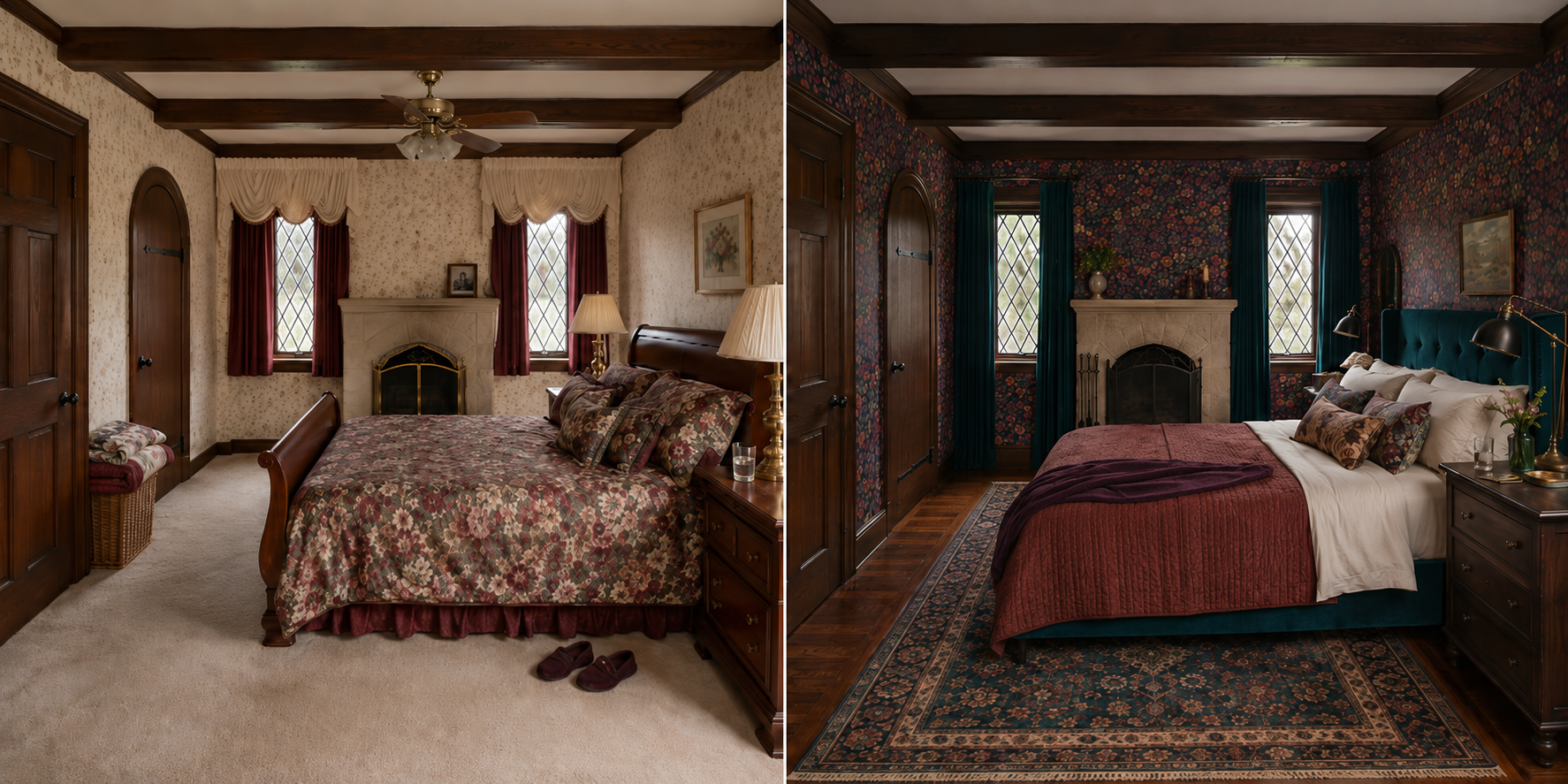 Tudor Primary Bedroom, Jewel-Toned Maximalist Makeover