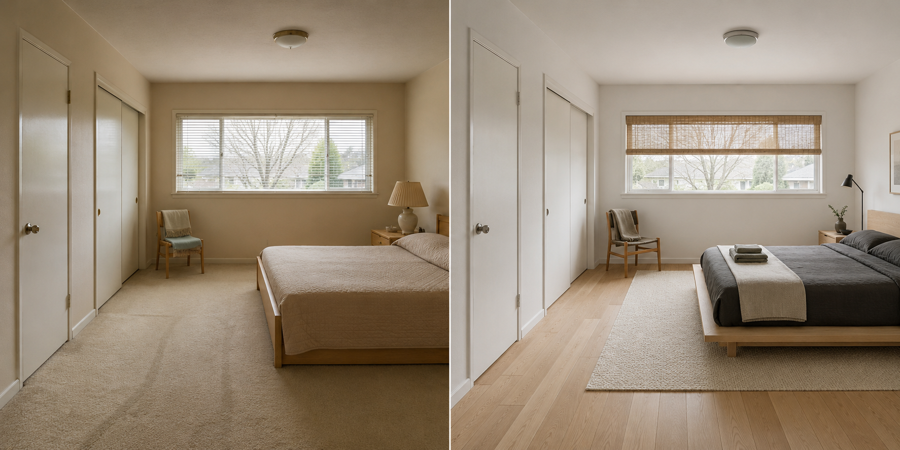 6. Japanese-Influenced Minimalist Guest Room — Cream Carpet to Natural Ash Hardwood