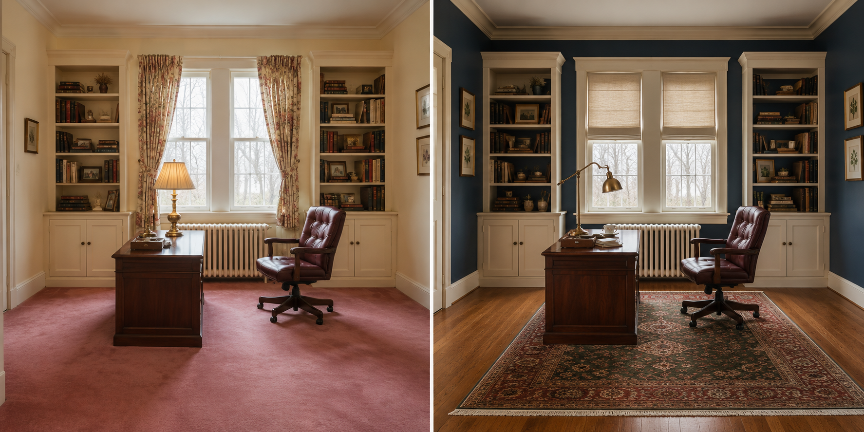 7. Collected East Coast Traditional Library — Rose Carpet to Red Oak Hardwood