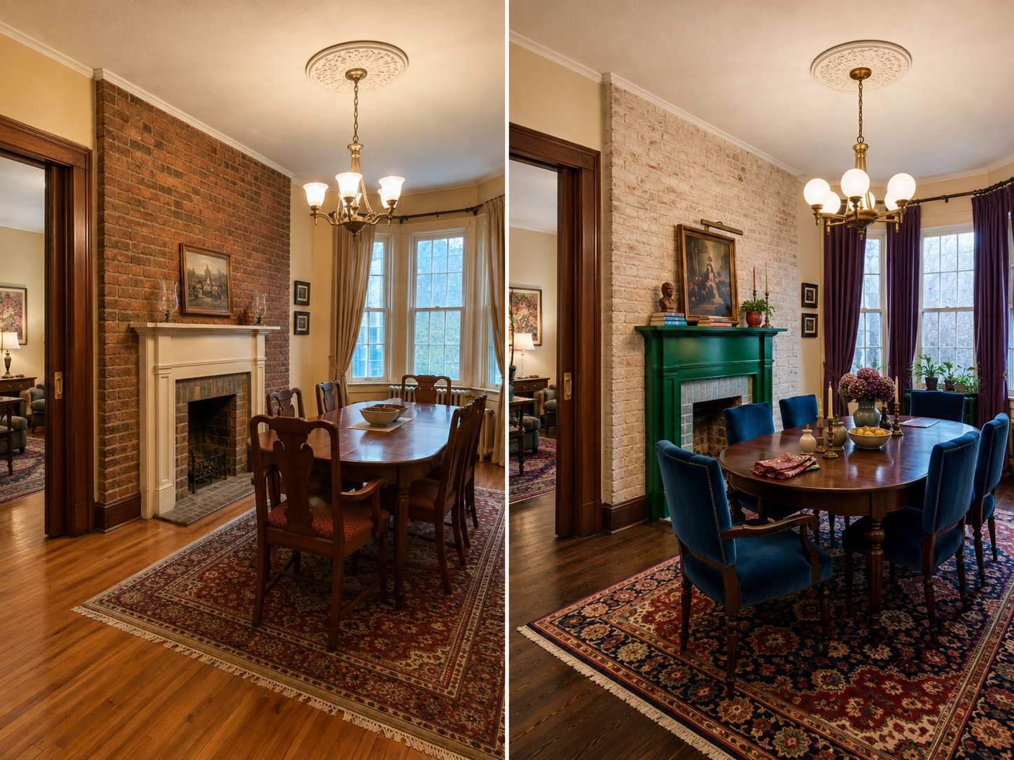8. Brick Dining Room Wall — Jewel-Toned Maximalist Limewash Renovation