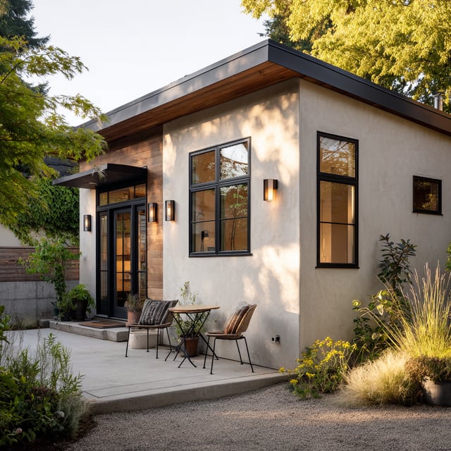 Modern small building exterior with patio furniture.