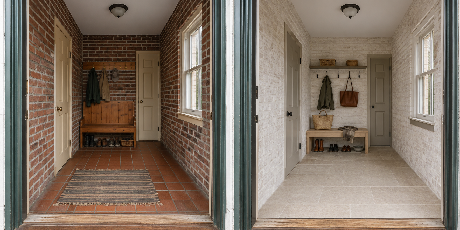 This image shows a side-by-side "before and after" comparison of a mudroom renovation. The "before" image on the left features dark red brick walls and matching floor tiles, while the "after" image on the right displays light-colored whitewashed brick walls and neutral stone-look flooring.