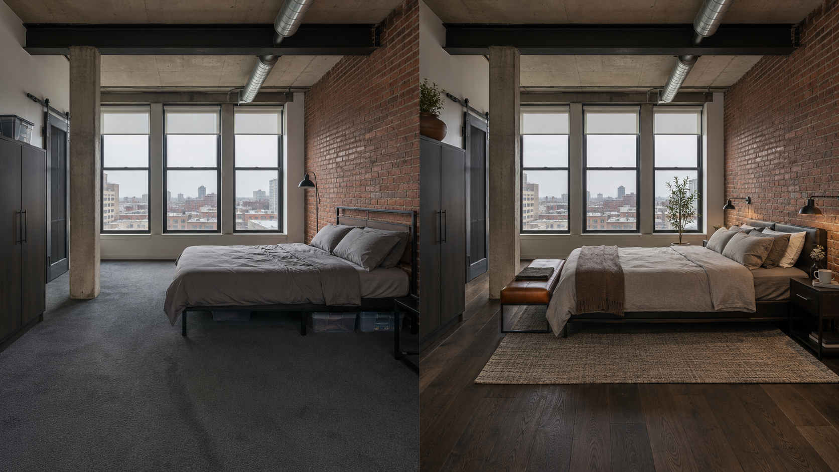 9. Urban Industrial Loft Bedroom — Charcoal Carpet to Smoked Oak Hardwood