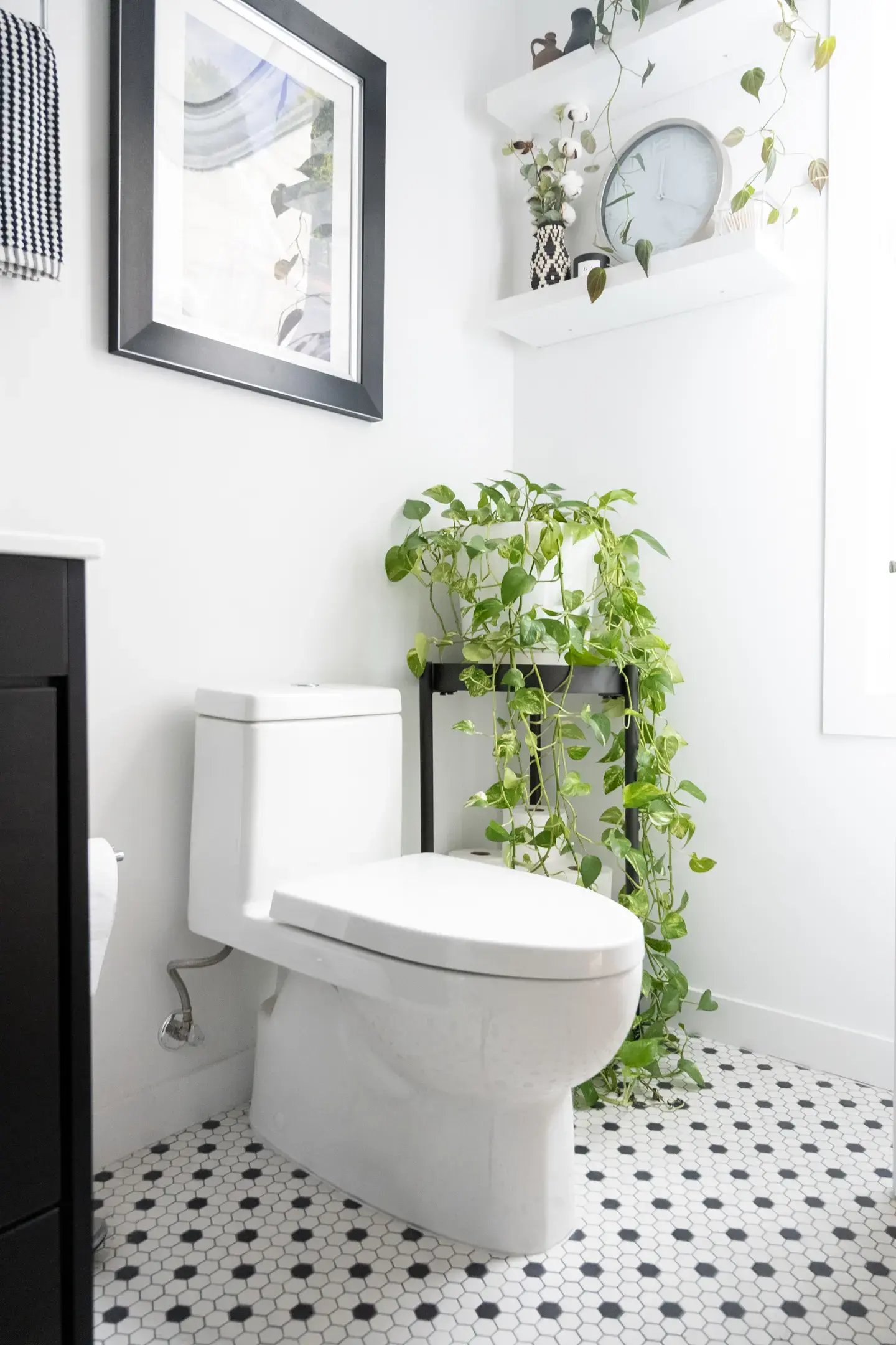 A white toilet in a bathroom with black-and-white tile flooring and a large potted plant.