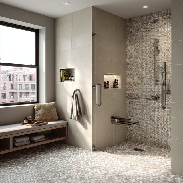 Modern walk-in shower with recessed wall niches, a frameless glass enclosure, and integrated grab bars, combining clean design, accessible features, and built-in storage to elevate both comfort and style.