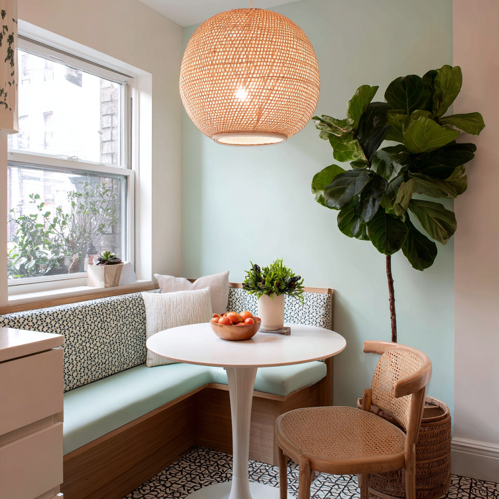 A_compact_breakfast_nook_with_a_round_caned_pendant