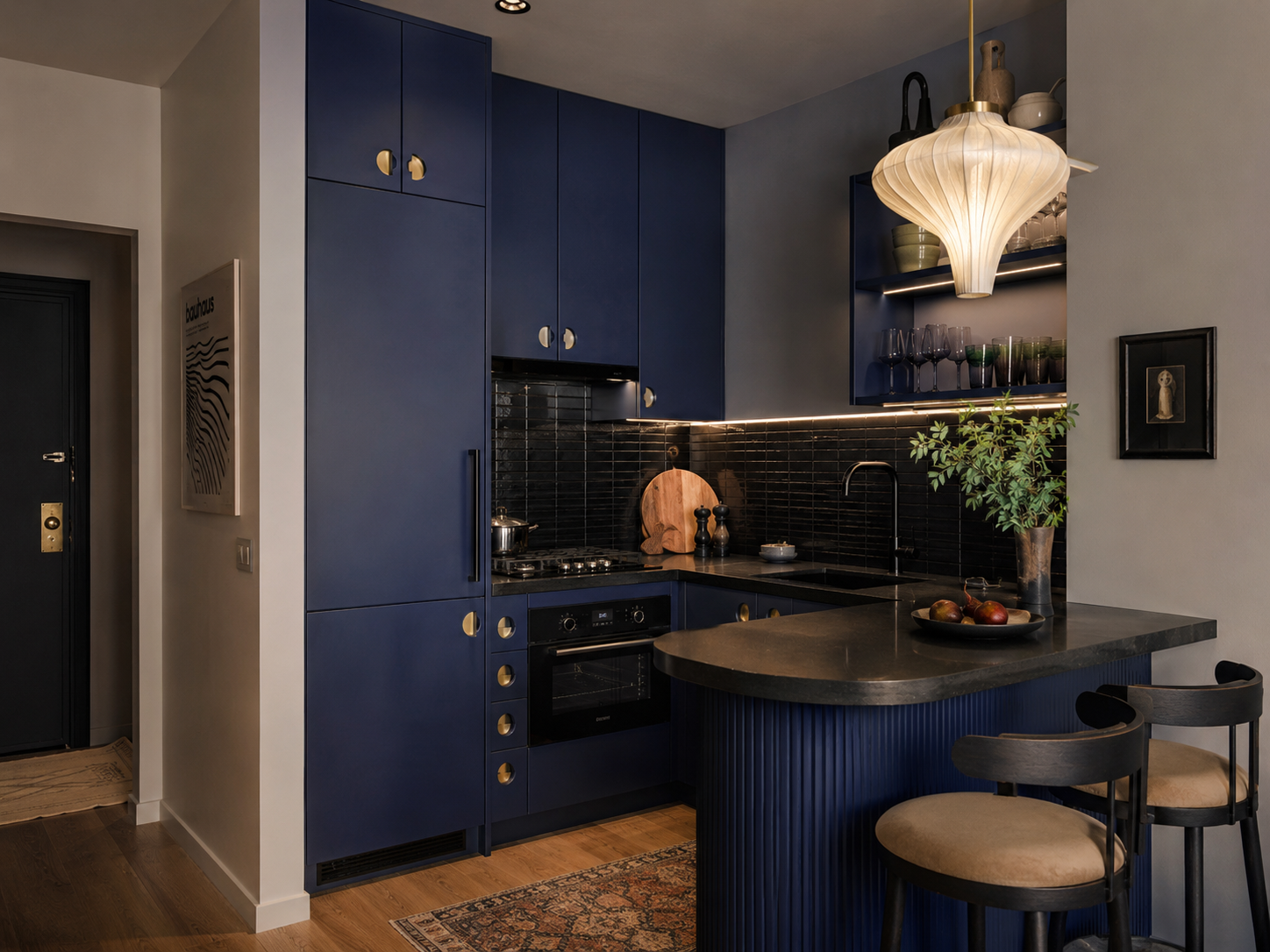 Apartment Kitchen Blue Cabinets Black Countertops
