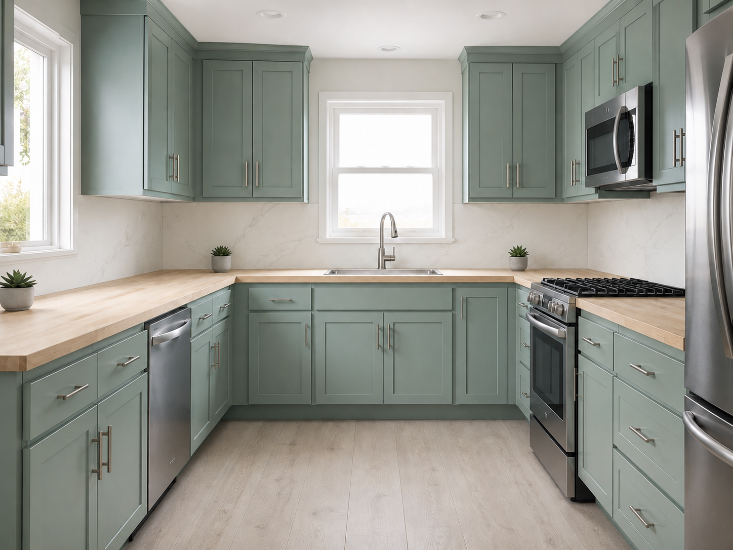 Aquamarine Green Cabinets and Butcher Block Countertops