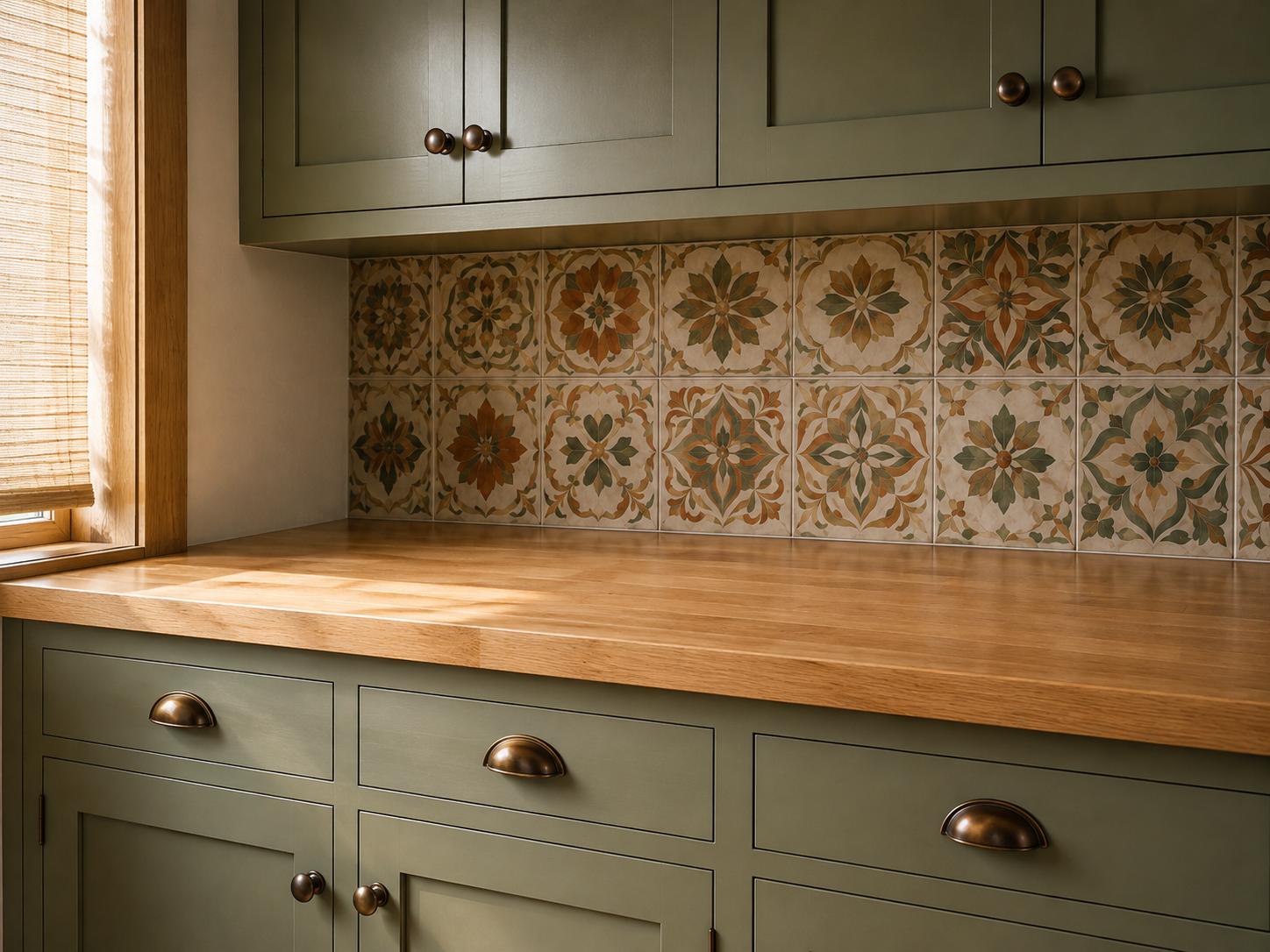 Artsy tile green cabinets butcher block