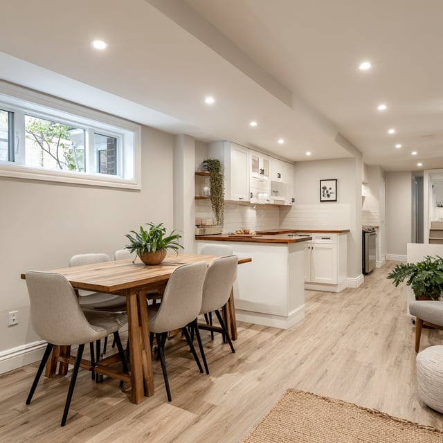 Bright, modern basement kitchen and dining room setup.
