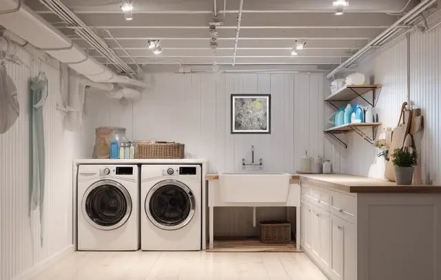 White basement laundry room with exposed ceiling.
