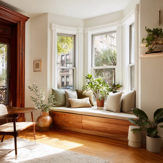 Bright bay window seating area with a built-in wooden bench, soft neutral cushions, abundant indoor plants, and natural light streaming through tall white-trimmed windows.