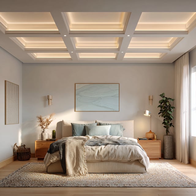 A serene, modern bedroom featuring a low upholstered bed with neutral bedding, wooden nightstands, soft accent lighting, indoor plants, wall art, a coffered ceiling with warm recessed lighting, and light wood flooring partially covered by a textured area rug.