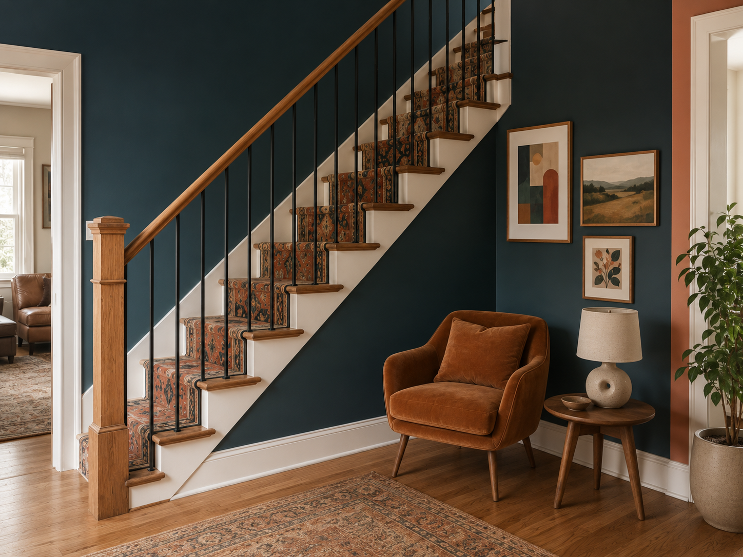 Black ballisters blue walls stair