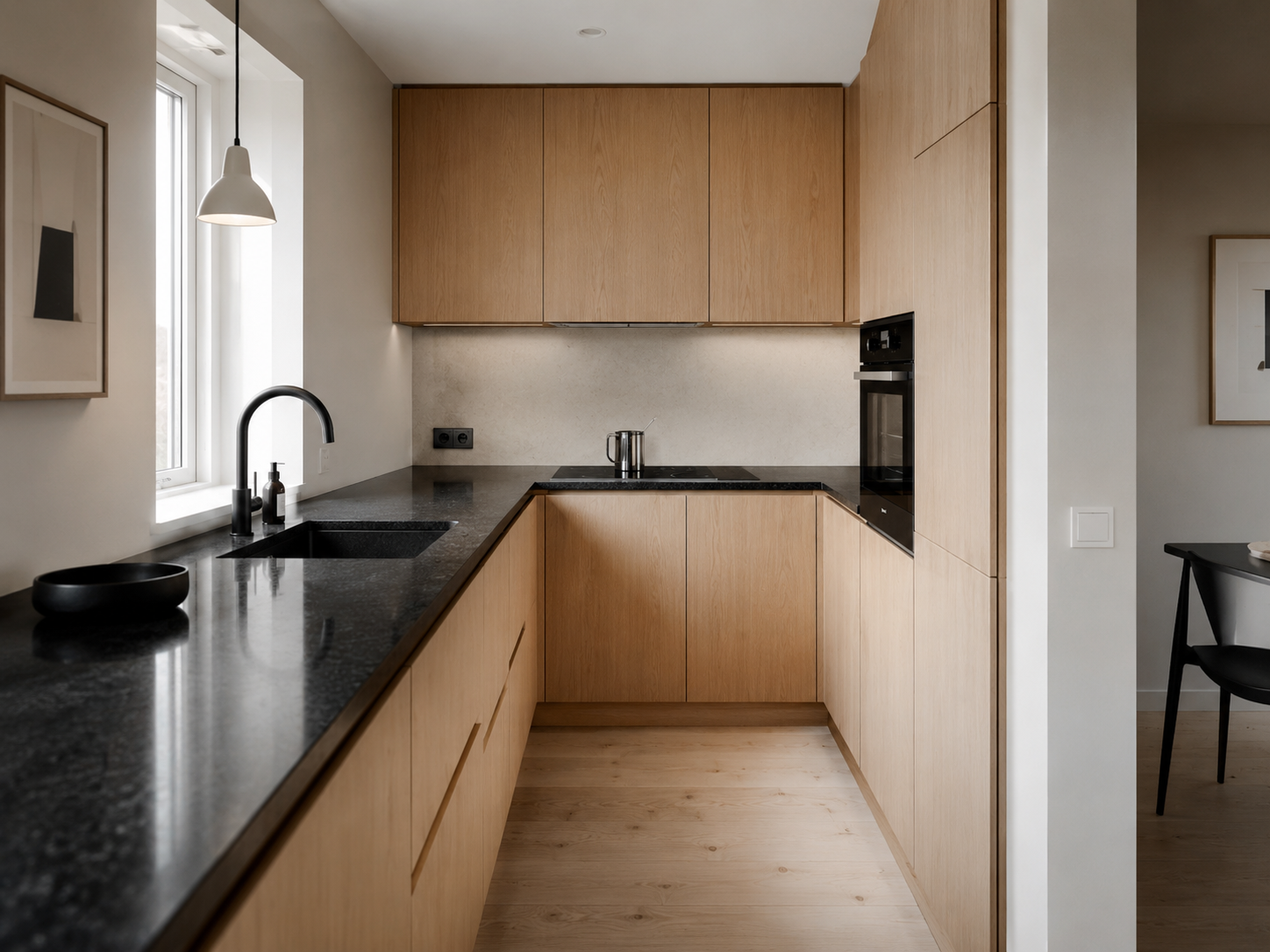 Black Granite Countertops Light Wood Cabinets Nordic