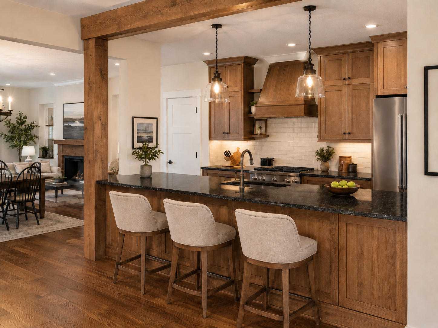 Black Granite Countertops Natural Wood Cabinets Farmhouse