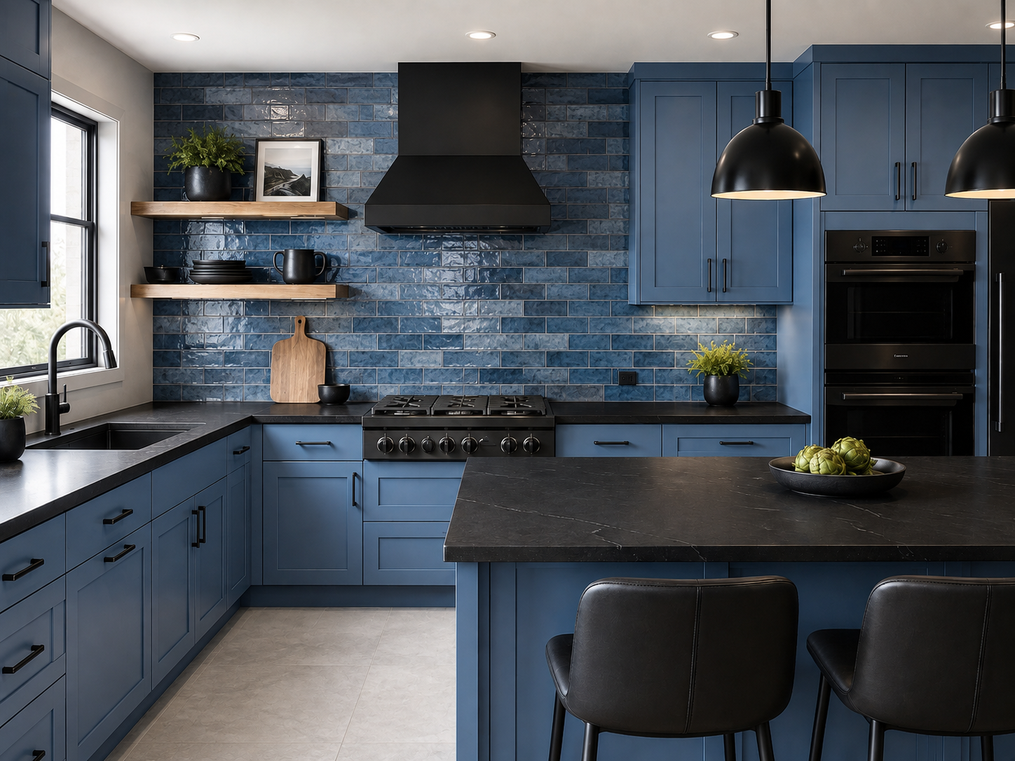 Blue Cabinets Backsplash Black Countertops