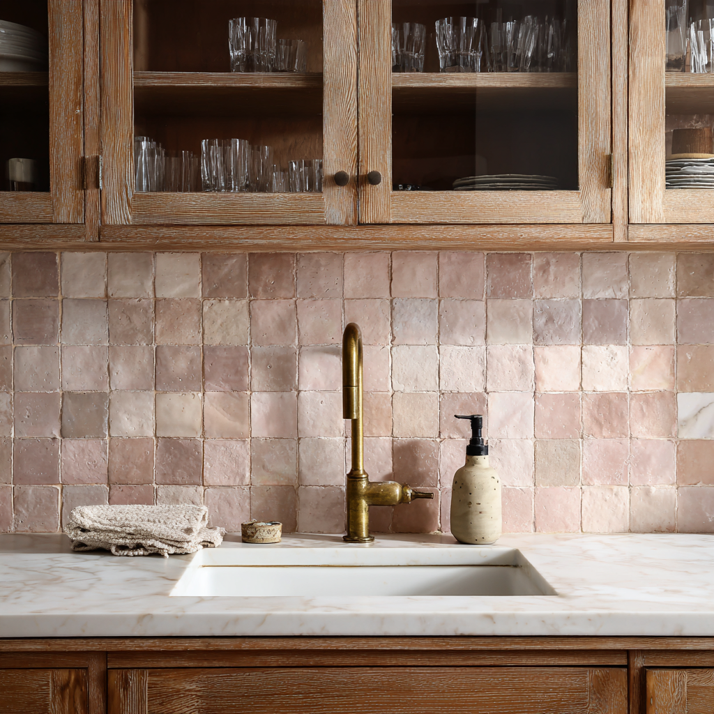 Blush Colored Square Tile Backsplash