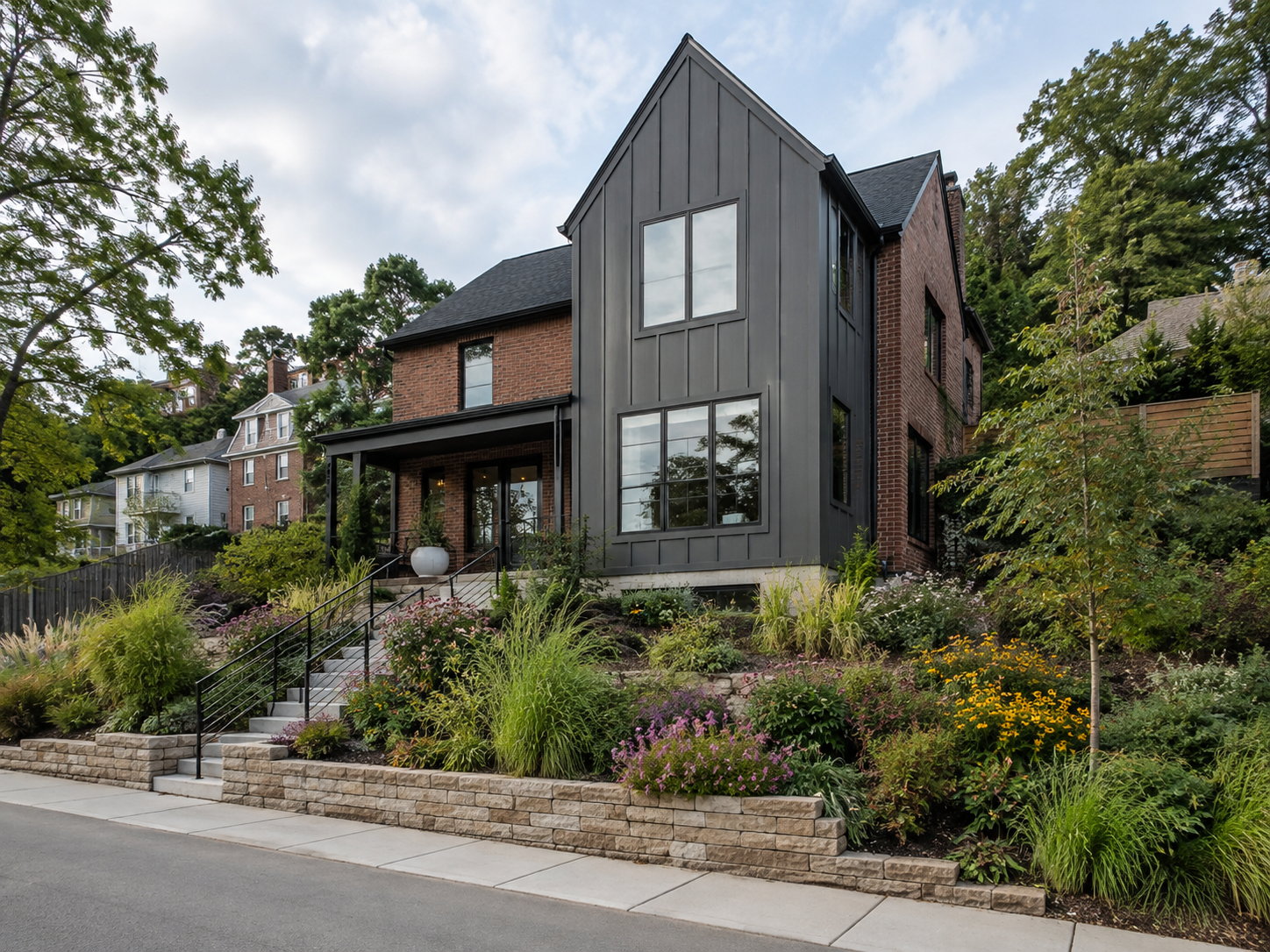 Board and Batten Siding With Brick - Black on Red