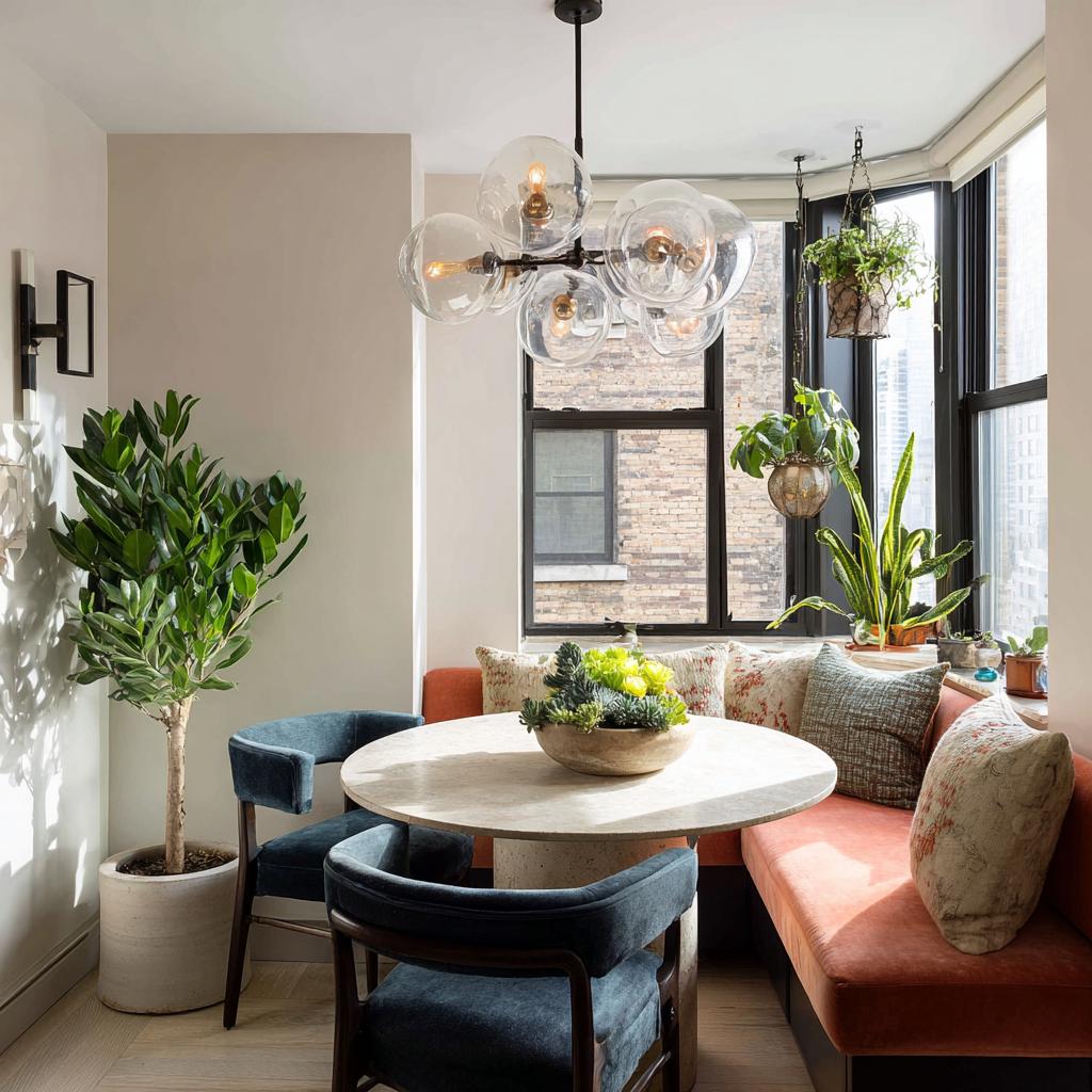 Breakfast Nook With Statement Lighting Fixture