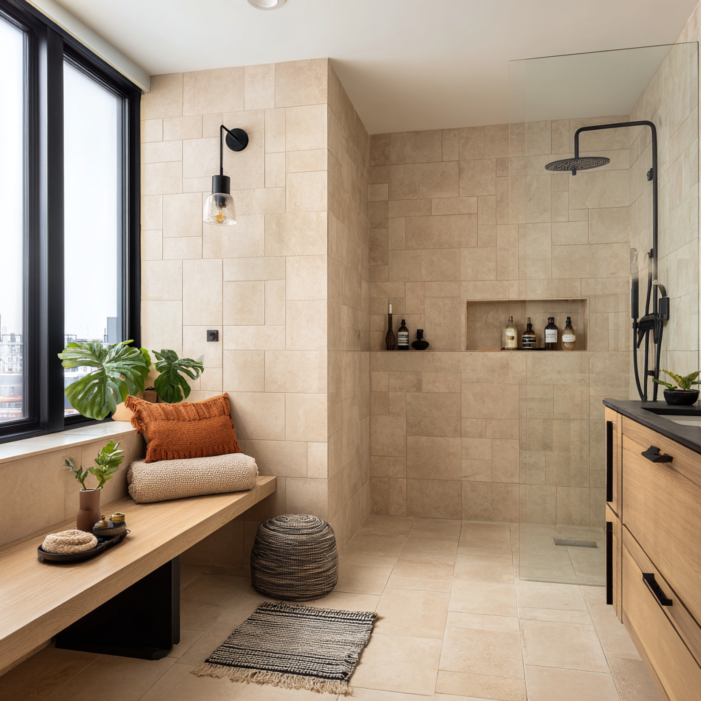 A warm modern bathroom with beige ceramic tile walls, a glass walk-in shower with built-in niche, a wooden bench by a large window, and black accent fixtures.