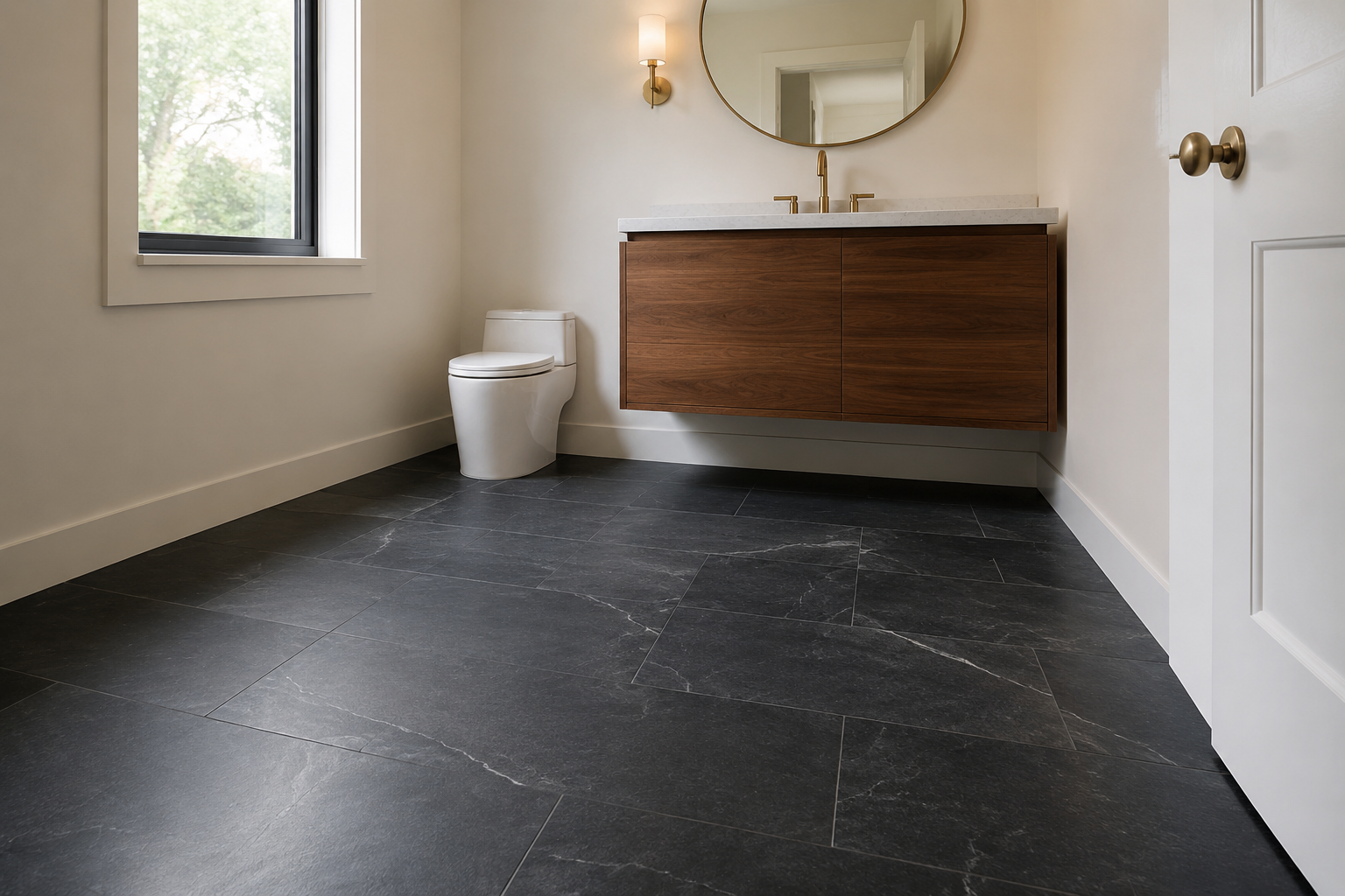 Chic powder room with charcoal soapstone