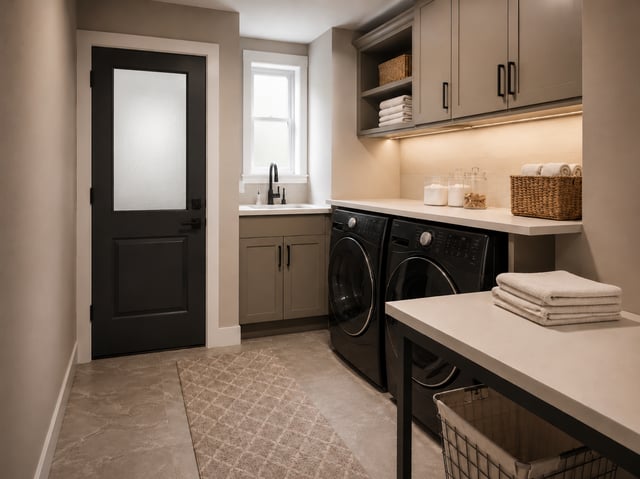 Modern laundry room with beige cabinets and dark appliances.