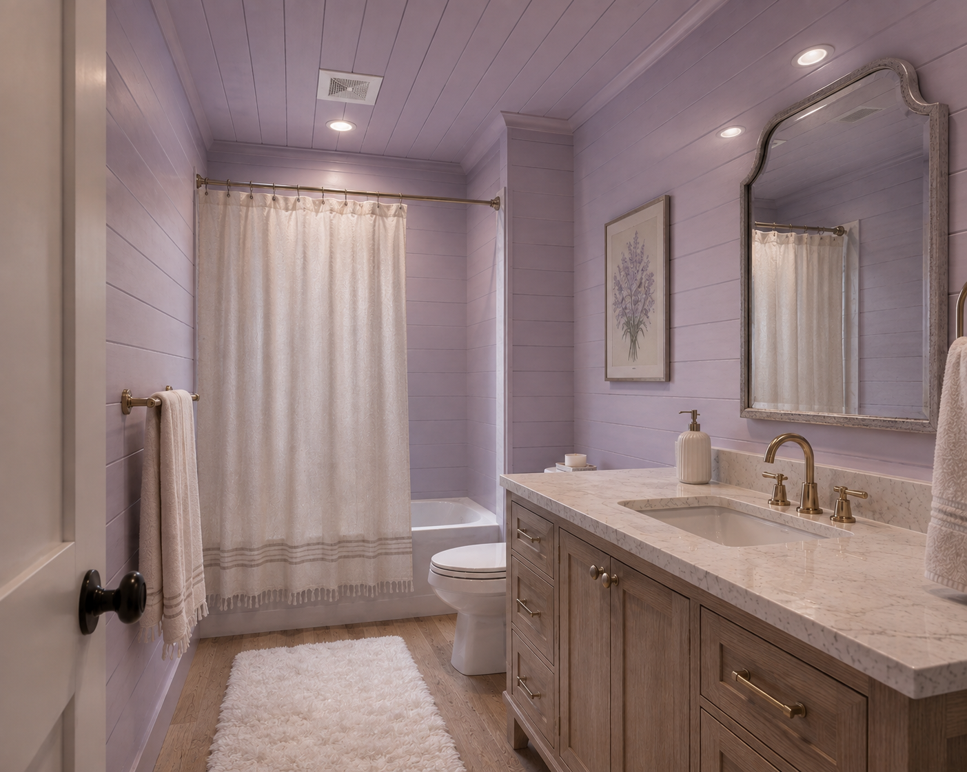 Color Drenched Bathroom Purple Shiplap Ceiling