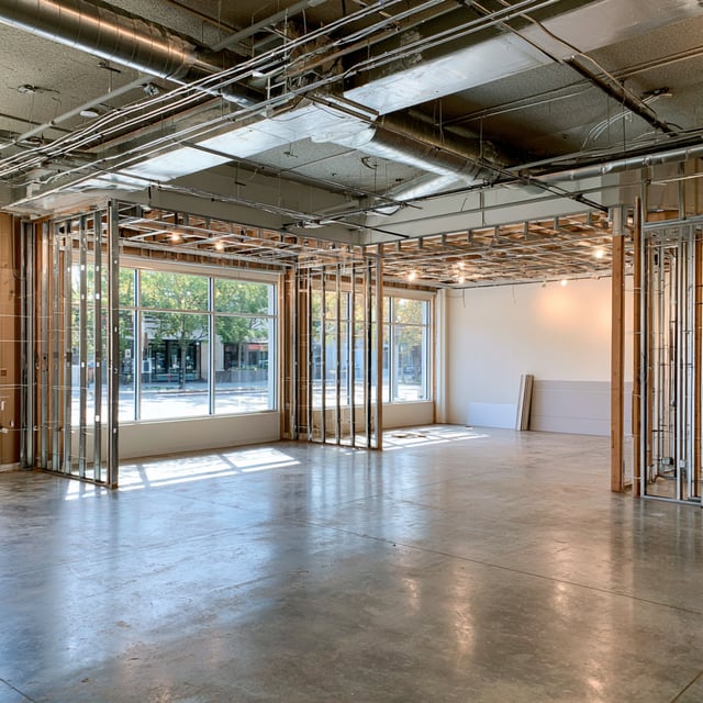 Commercial space with metal framing and exposed ceiling.